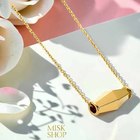 18K gold plated olive bead necklace with a polished faceted horizontal pendant