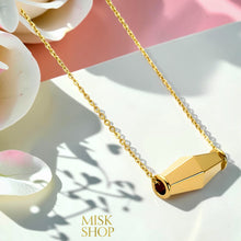 18K gold plated olive bead necklace with a polished faceted horizontal pendant