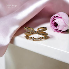 Adjustable double layer zircon ring plated with 18K gold featuring elegant crossed design and sparkling stones by Misk Shop