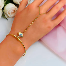 Gold stainless steel open cuff evil eye hand chain bracelet detail - Misk Shop