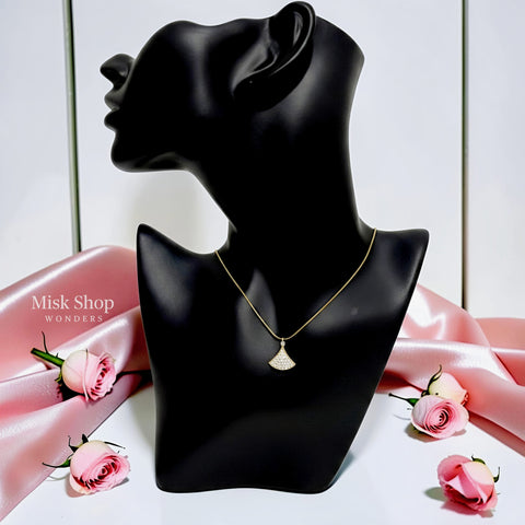 Medium-length 18K gold plated titanium steel necklace with a fan-shaped pendant set with 3A zircon stones by Misk Shop.