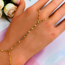 Side view of a delicate medical stainless steel gold hand chain bracelet