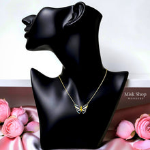 Misk Shop 18K gold plated 304 stainless steel butterfly necklace with multicolored zircon stones displayed on a black jewelry bust