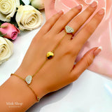 18K gold plated organic pavé zircon hand chain ring worn across the hand
