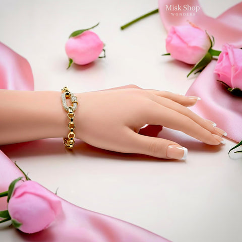 18K gold plated adjustable chain bracelet with pavé zircon oval clasp for women by Misk Shop.