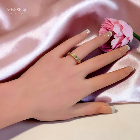 18K gold plated women's zircon band ring with sparkling stones and elegant minimalist design by Misk Shop