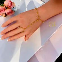 Gold bubble bead hand chain bracelet with finger loop
