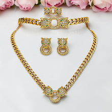 Complete 21K gold plated Cartier Inspired panther jewelry set with necklace, bracelet, earrings and free-size ring by Misk Shop.