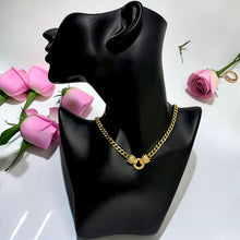21K gold plated Cartier Inspired panther chain necklace displayed on a black jewelry bust by Misk Shop.