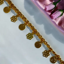 21K gold-plated adjustable anklet with engraved coin charms and delicate flower charms featuring Misk Shop Color Protection Technology.