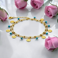 21K gold-plated double layer adjustable anklet featuring turquoise beads, engraved coin charms, and Misk Shop Color Protection Technology.