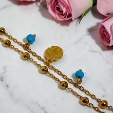 21K gold-plated double layer adjustable anklet featuring turquoise beads, engraved coin charms, and Misk Shop Color Protection Technology.