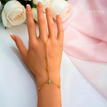 21K gold plated floral zircon hand chain bracelet worn across the hand