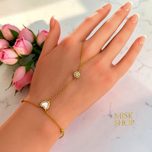 21K gold plated heart and sun zircon hand chain bracelet worn across the hand