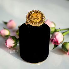 Luxury adjustable 21K gold color Ottoman coin ring featuring a Tughra-inspired engraving with stars and botanical motifs by Misk Shop.