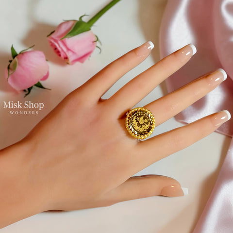Luxury adjustable 21K gold color Ottoman coin ring featuring a Tughra-inspired engraving with stars and botanical motifs by Misk Shop.