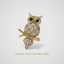 Handcrafted 21K gold color owl brooch with sparkling zircon stones available in gold and navy blue by Misk Shop.