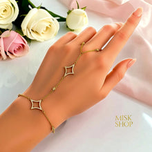 Full view of a geometric zircon hand chain bracelet with finger loop