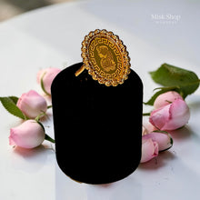 Luxury adjustable 21K gold color royal coin ring with an elegant vintage oval medallion design for women by Misk Shop.