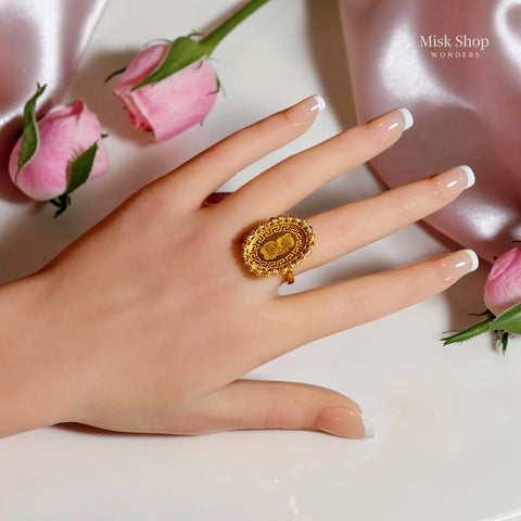 Luxury adjustable 21K gold color royal coin ring with an elegant vintage oval medallion design for women by Misk Shop.