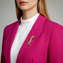 Handcrafted 21K gold color Saint Laurent inspired YSL brooch decorated with sparkling round and baguette zircon stones by Misk Shop.