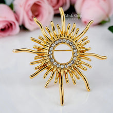 Handcrafted 21K gold color sunburst brooch with sparkling zircon stones by Misk Shop.