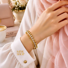 18K gold-plated 3-in-1 connected zircon, faceted bead and paperclip chain bracelet worn on wrist