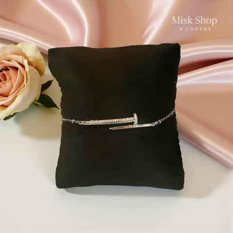 Silver nail bracelet with zircon stones and adjustable chain