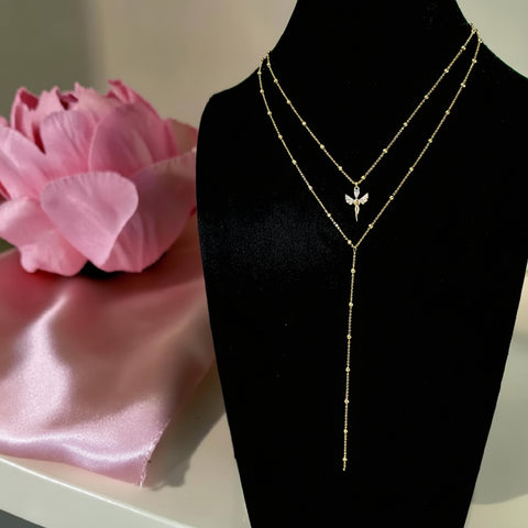 18K gold plated layered necklace with angel wings zircon pendant and long Y-drop chain for hijabi women by Misk Shop