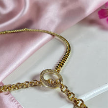 18K gold plated asymmetrical long necklace featuring a zircon circle detail and natural cultured pearl pendant by Misk Shop