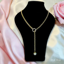 18K gold plated asymmetrical long necklace featuring a zircon circle detail and natural cultured pearl pendant by Misk Shop