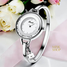 Binda white gold plated bangle watch with moving crystals and a padlock charm