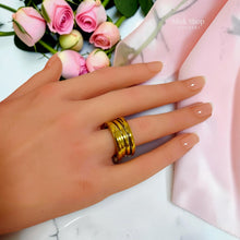 Bvlgari-inspired 21K gold plated wide band ring worn on hand