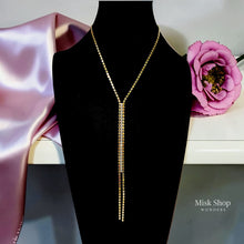 18K gold plated long lariat necklace with disc chain and cascading zircon drop detail for hijabi women by Misk Shop