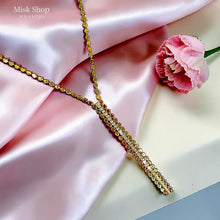 18K gold plated long lariat necklace with disc chain and cascading zircon drop detail for hijabi women by Misk Shop