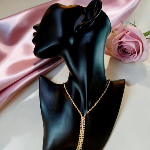 18K gold plated long lariat necklace with disc chain and cascading zircon drop detail for hijabi women by Misk Shop
