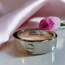 Classic silver love inspired ring plated with white gold and platinum featuring signature engravings by Misk Shop
