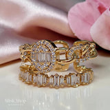 Luxury connected twin wedding ring with 21K gold plating, high clarity zircon stones, and adjustable free size design by Misk Shop Jordan.