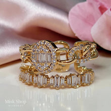 Luxury connected twin wedding ring with 21K gold plating, high clarity zircon stones, and adjustable free size design by Misk Shop Jordan.