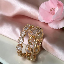 Luxury connected twin wedding ring with 21K gold plating, high clarity zircon stones, and adjustable free size design by Misk Shop Jordan.