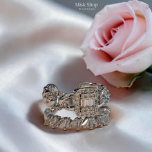 Luxury connected twin wedding ring with white gold and platinum plating, high clarity zircon stones, and adjustable free size design by Misk Shop Jordan.