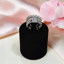 Luxury connected twin wedding ring with white gold and platinum plating, high clarity zircon stones, and adjustable free size design by Misk Shop Jordan.