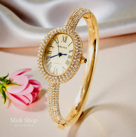 Elegant Oval Women Watch with Zircon – 18K Gold Plated Stainless Steel Waterproof
