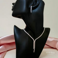 Elegant Y-shape zircon jewelry set with necklace, earrings, and bracelet for bridal and formal open neckline looks