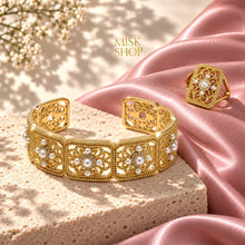 21K gold-plated floral pearl bracelet and matching ring