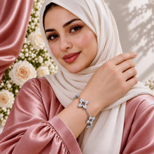 Silver floral zircon bracelet styled on a model
