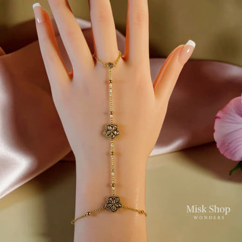 Floral zircon hand chain bracelet ring connected gold plated elegant feminine jewelry from Misk Shop
