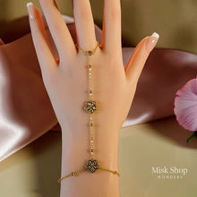 Floral zircon hand chain bracelet ring connected gold plated elegant feminine jewelry from Misk Shop
