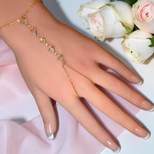 Geometric triangle zircon hand chain bracelet in gold tone worn on hand