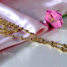 18K gold plated layered necklace with polished gold beads, halo ring and cascading drop chains for hijabi women by Misk Shop